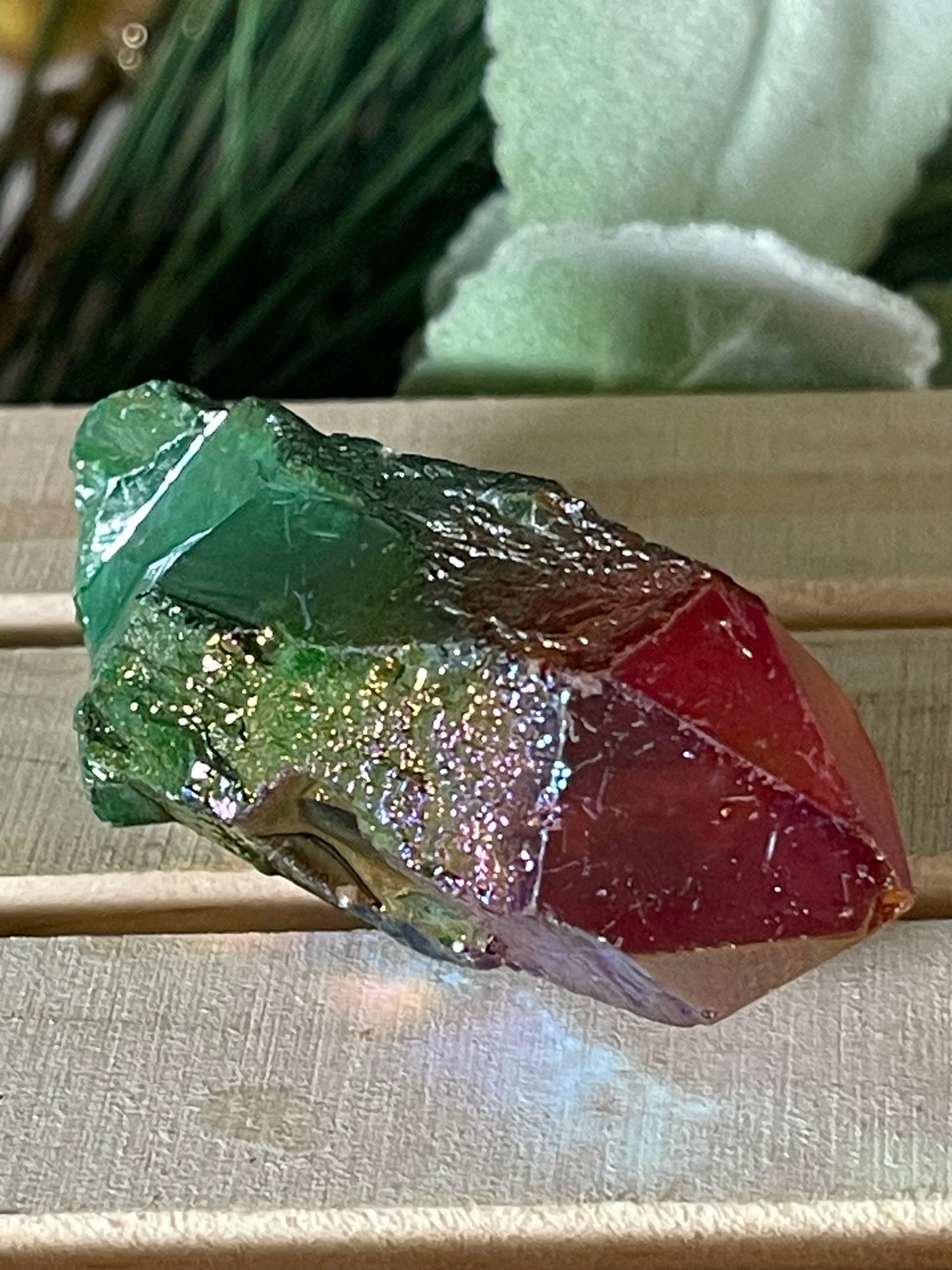 Aura Titanium Plated Natural Quartz Crystal Point Rainbow Red Green - 214.20Ct