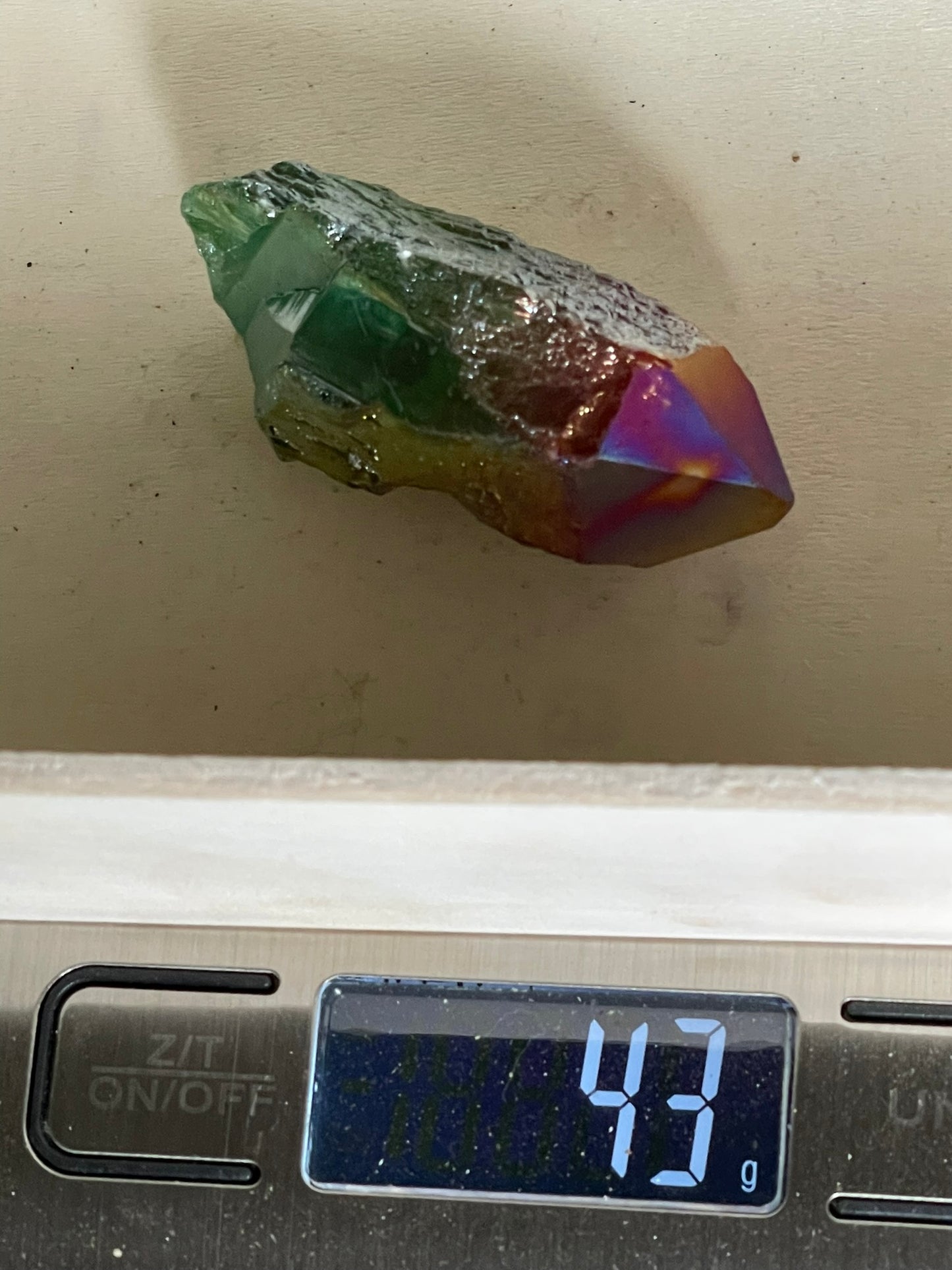 Aura Titanium Plated Natural Quartz Crystal Point Rainbow Red Green - 214.20Ct