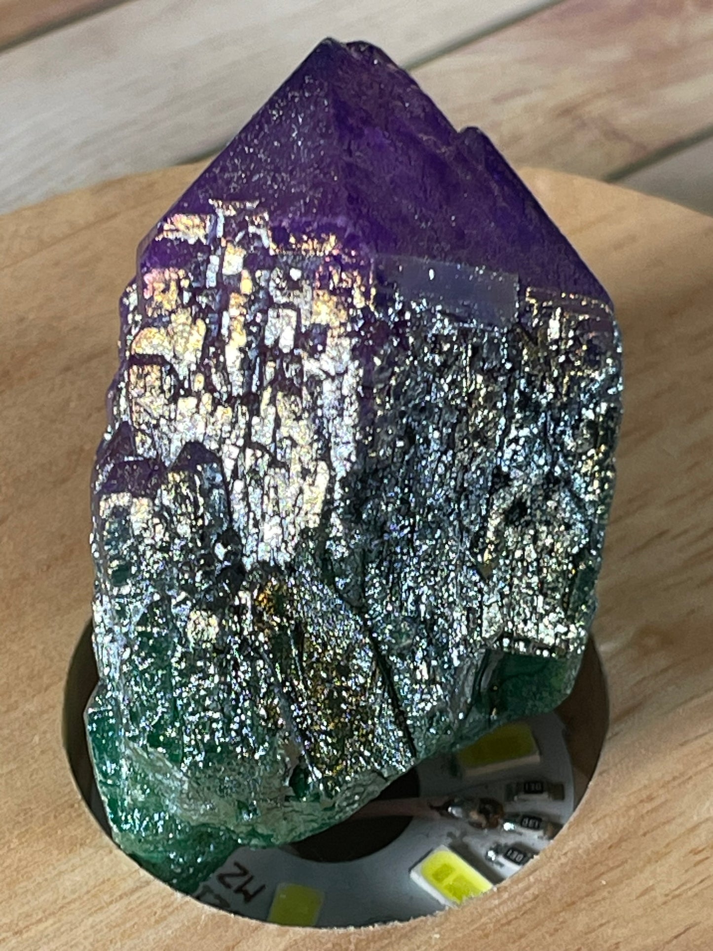 Aura Titanium Plated Natural Quartz Crystal Point Rainbow Purple Green - 271.10Ct