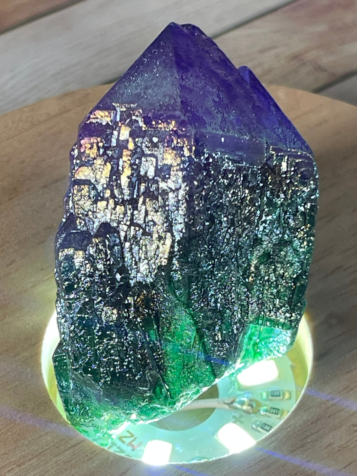 Aura Titanium Plated Natural Quartz Crystal Point Rainbow Purple Green - 271.10Ct