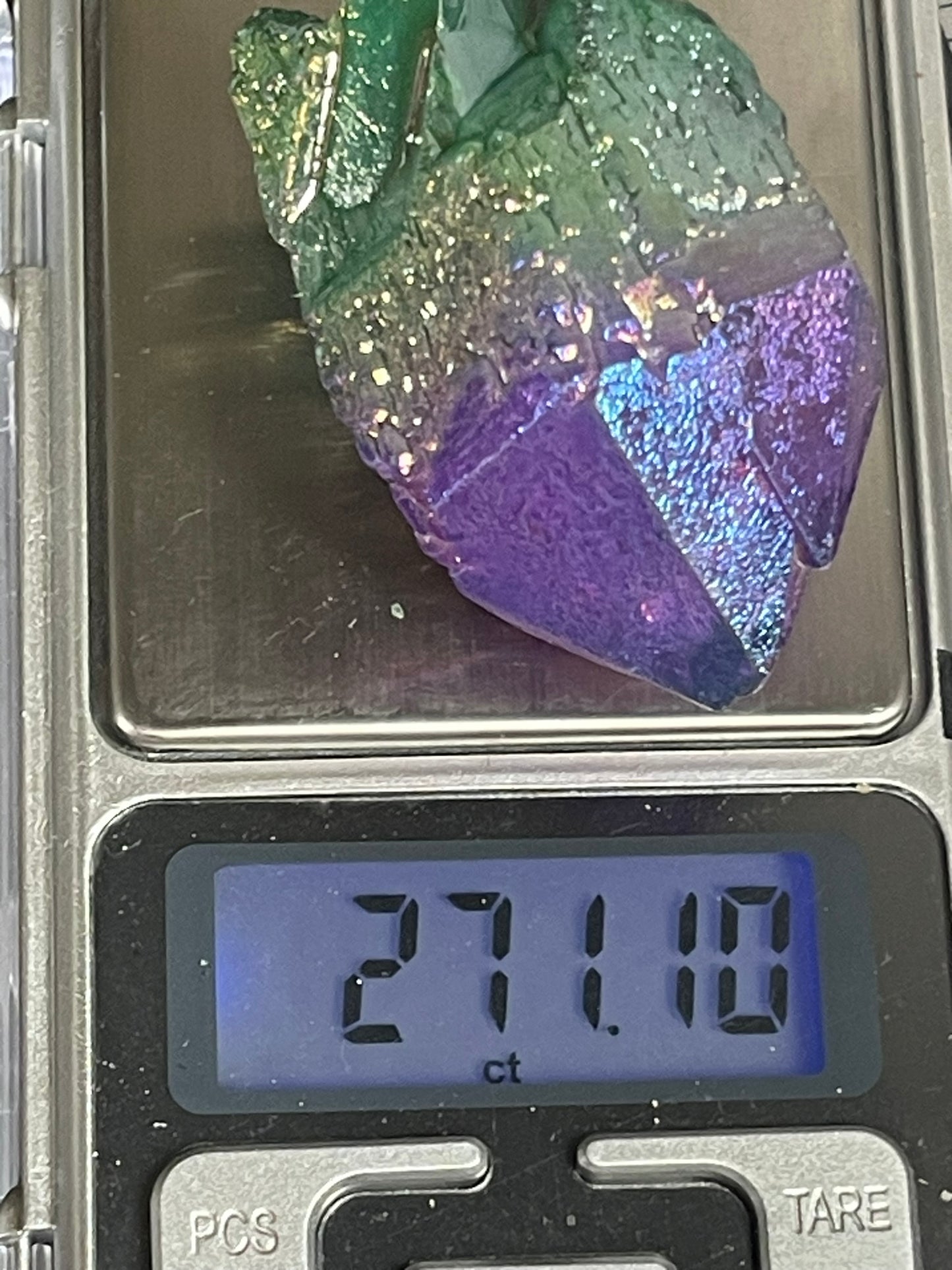 Aura Titanium Plated Natural Quartz Crystal Point Rainbow Purple Green - 271.10Ct