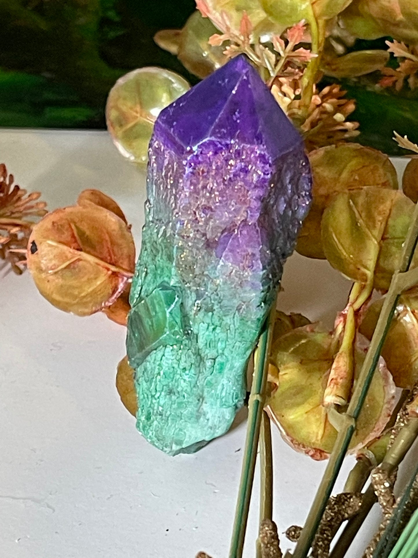 Aura Titanium Plated Natural Quartz Crystal Point Rainbow Purple Green - 274.05Ct