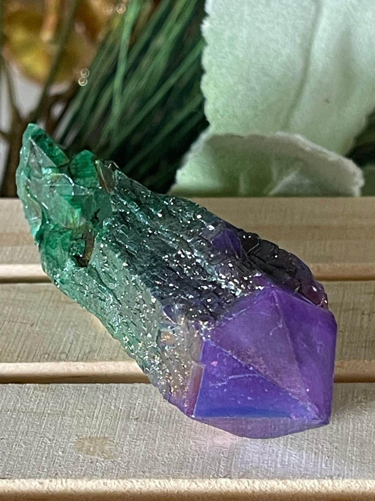 Aura Titanium Plated Natural Quartz Crystal Point Rainbow Purple Green - 274.05Ct