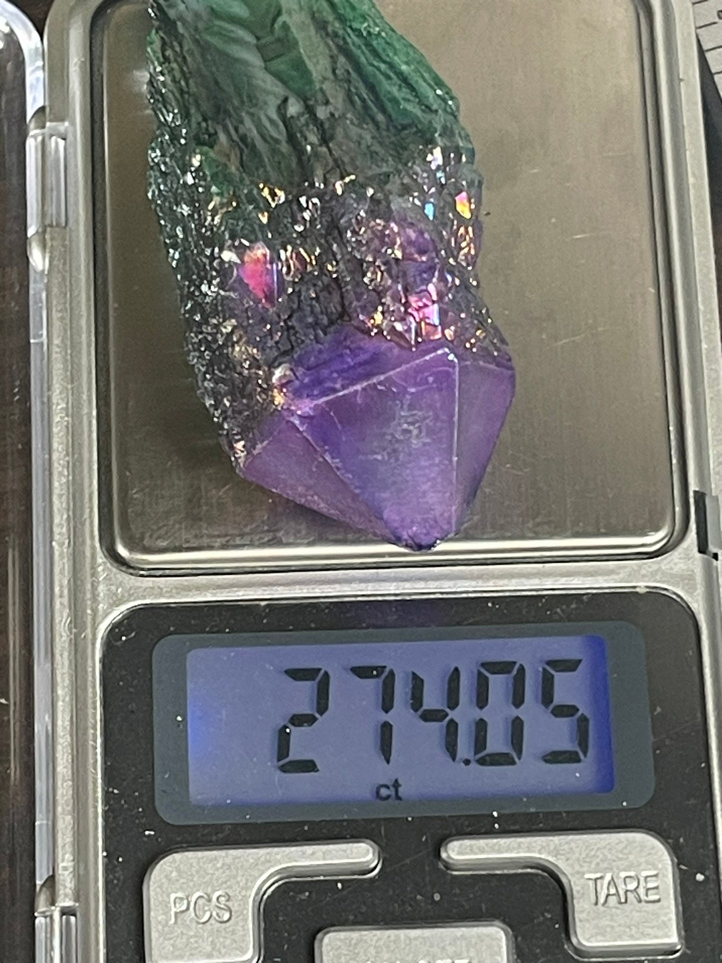 Aura Titanium Plated Natural Quartz Crystal Point Rainbow Purple Green - 274.05Ct