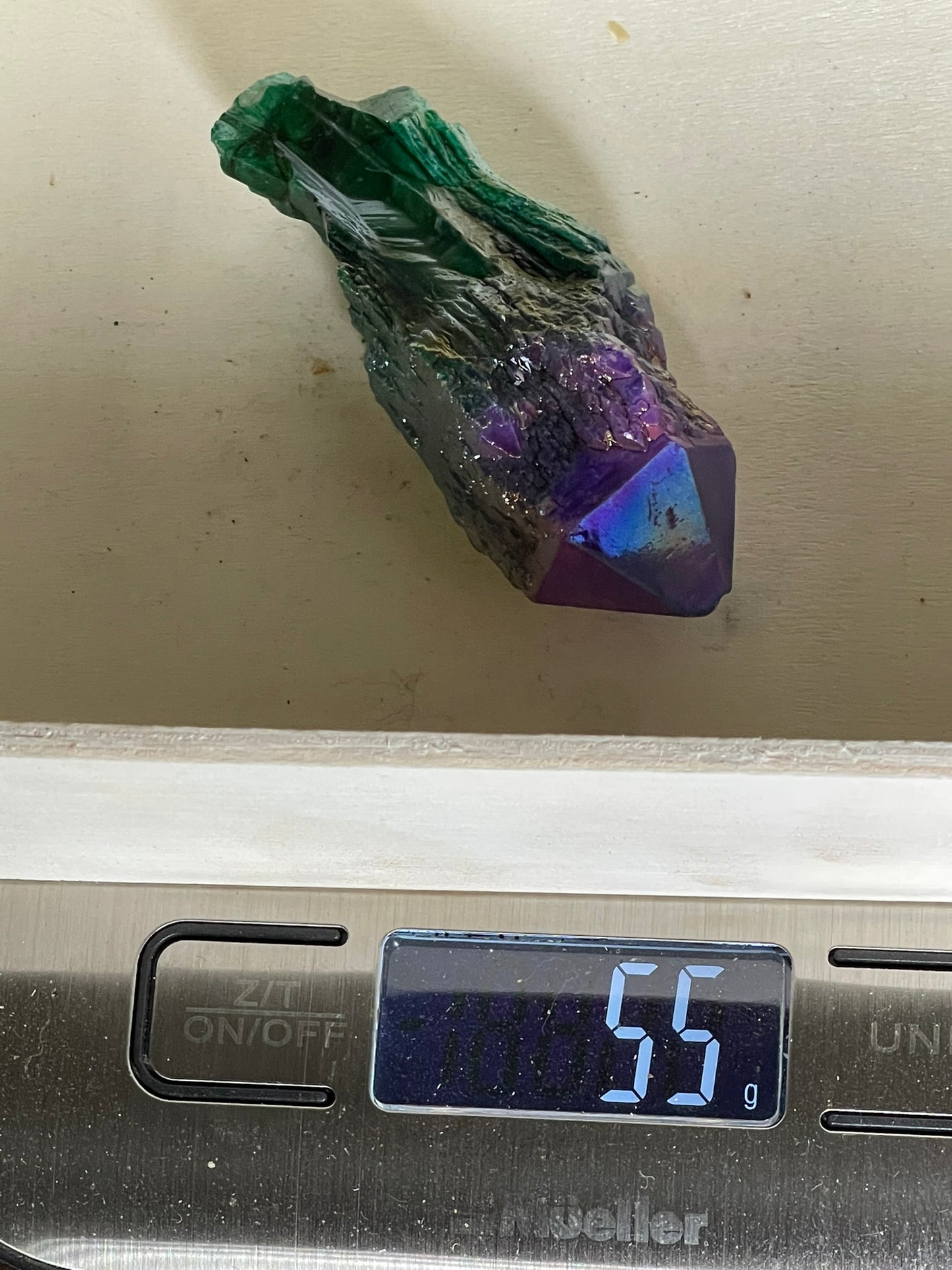 Aura Titanium Plated Natural Quartz Crystal Point Rainbow Purple Green - 274.05Ct