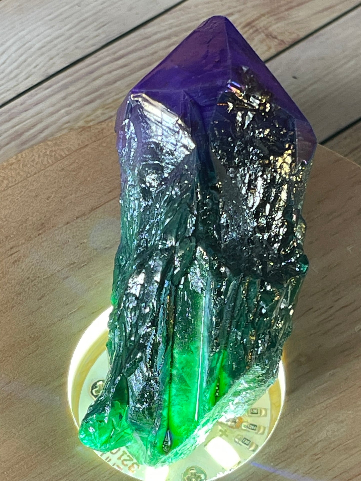 Aura Titanium Plated Natural Quartz Crystal Point Rainbow Purple Green - 327.45Ct