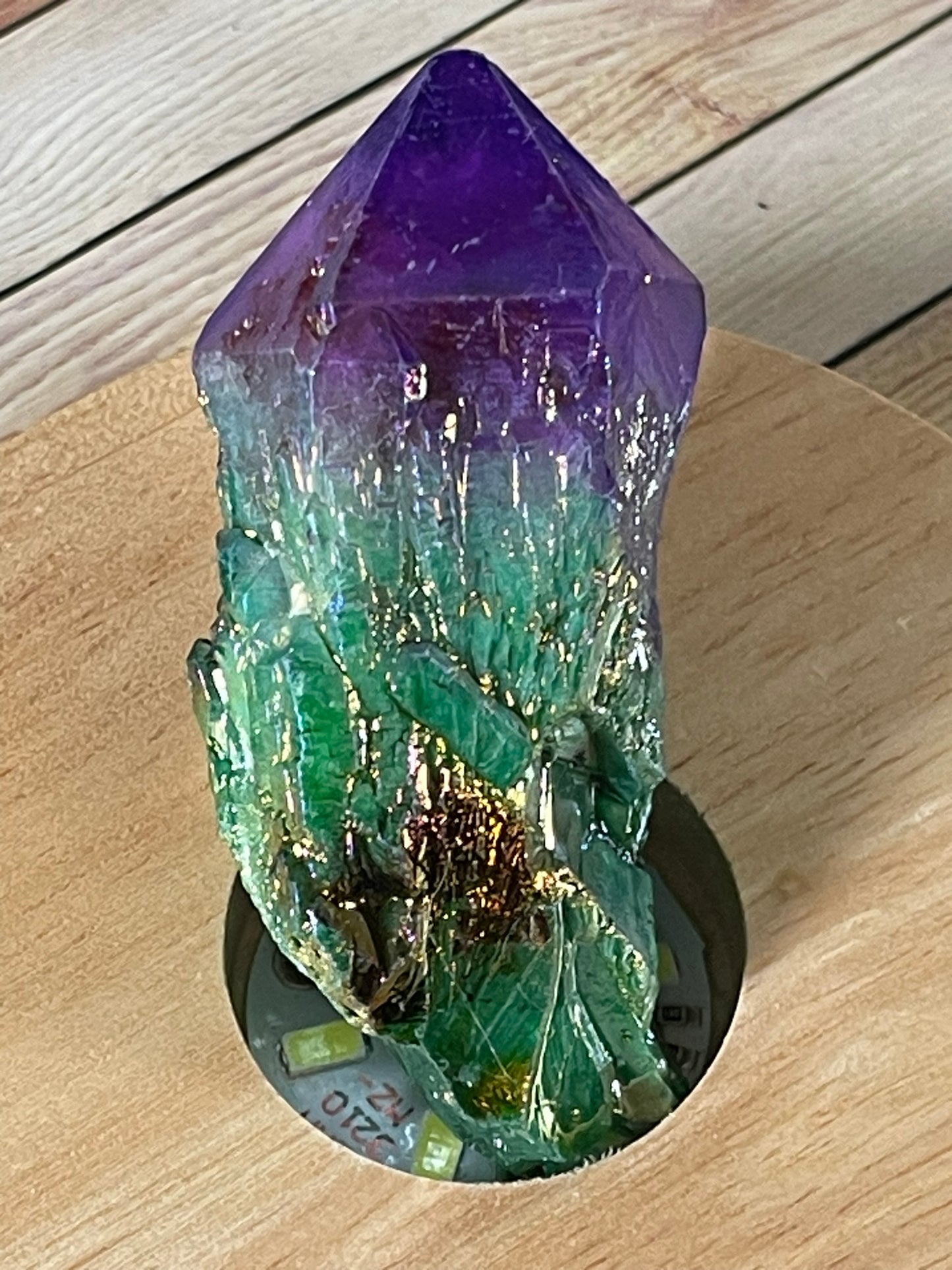 Aura Titanium Plated Natural Quartz Crystal Point Rainbow Purple Green - 327.45Ct