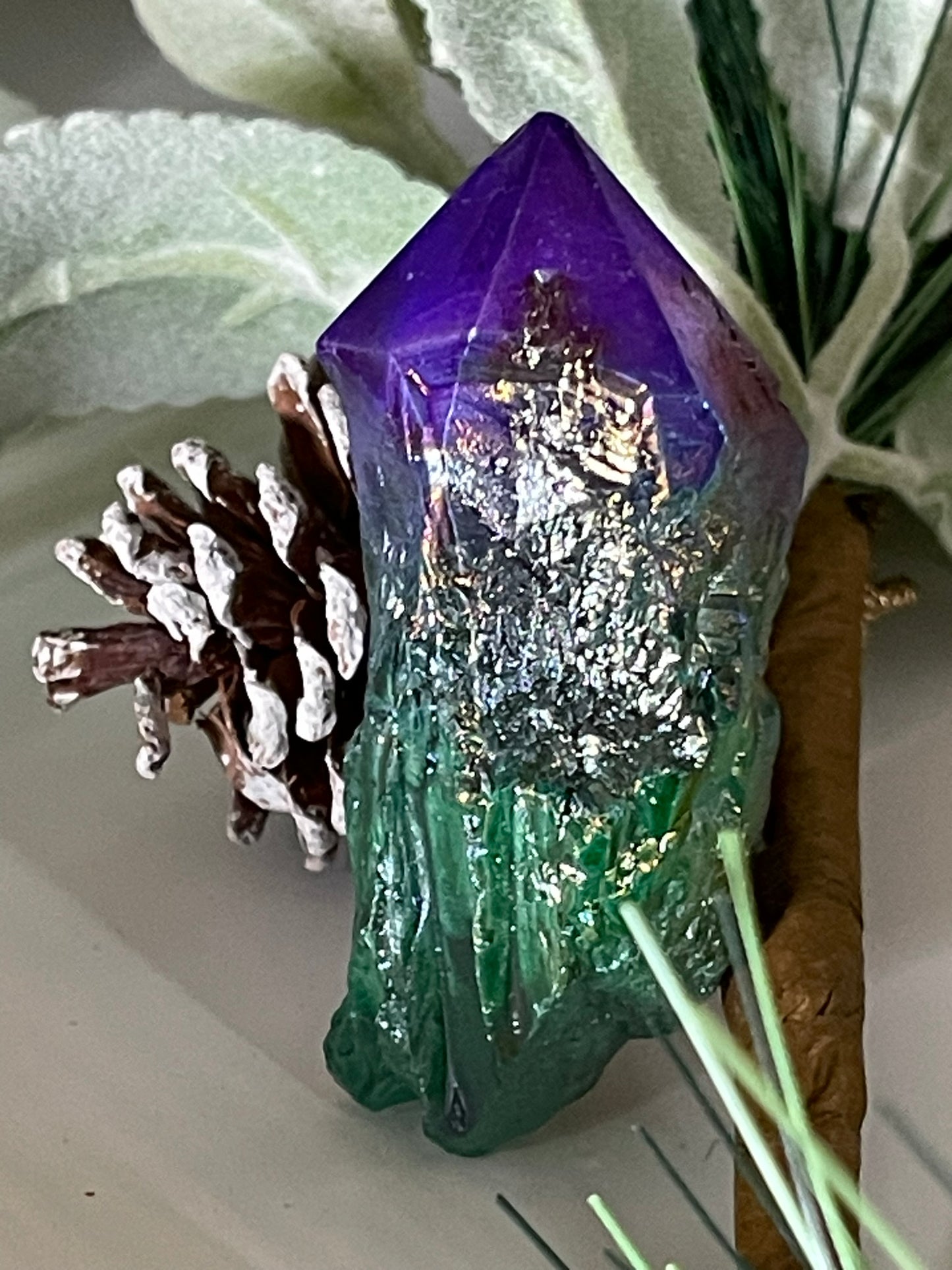 Aura Titanium Plated Natural Quartz Crystal Point Rainbow Purple Green - 327.45Ct