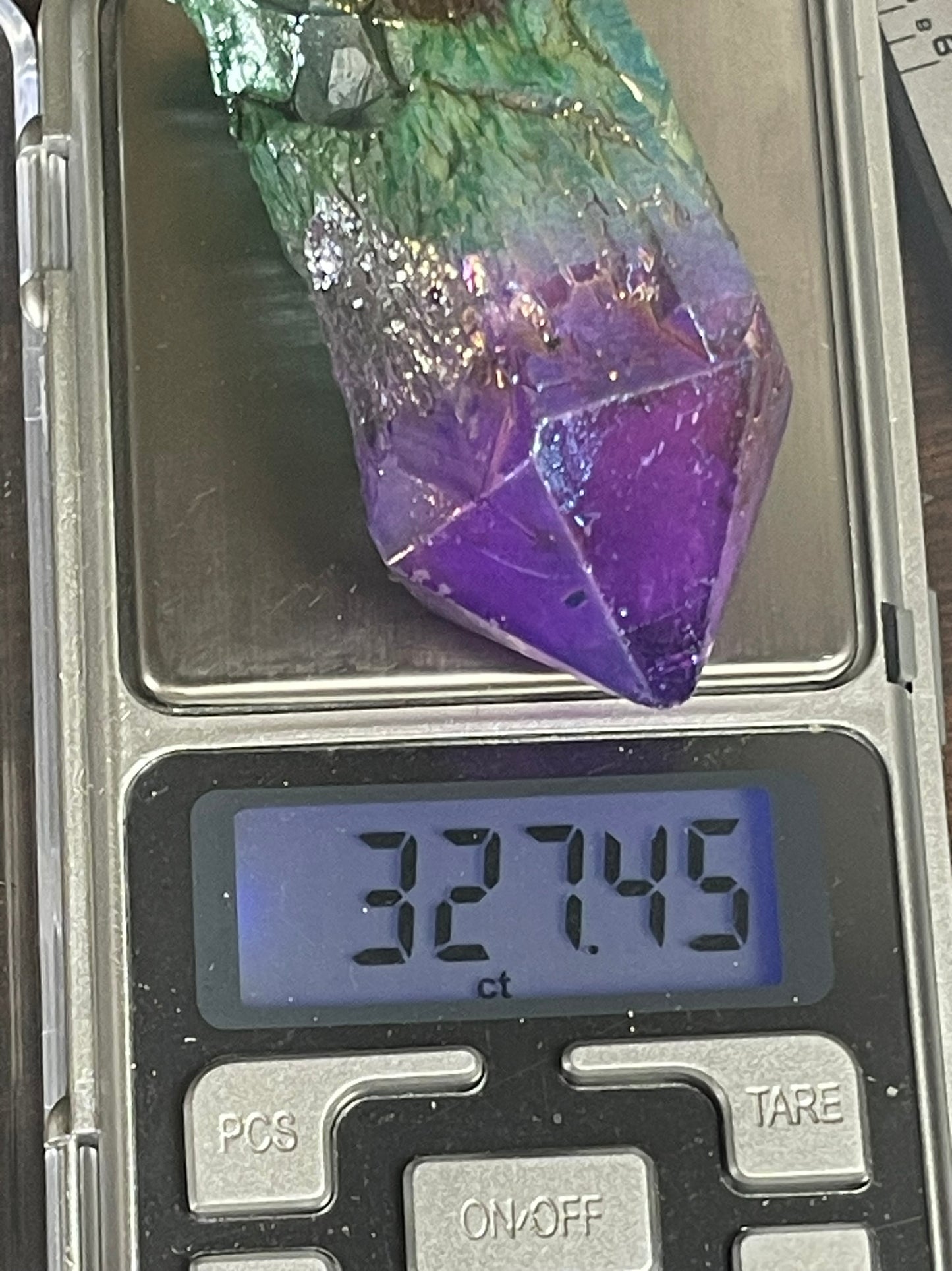 Aura Titanium Plated Natural Quartz Crystal Point Rainbow Purple Green - 327.45Ct