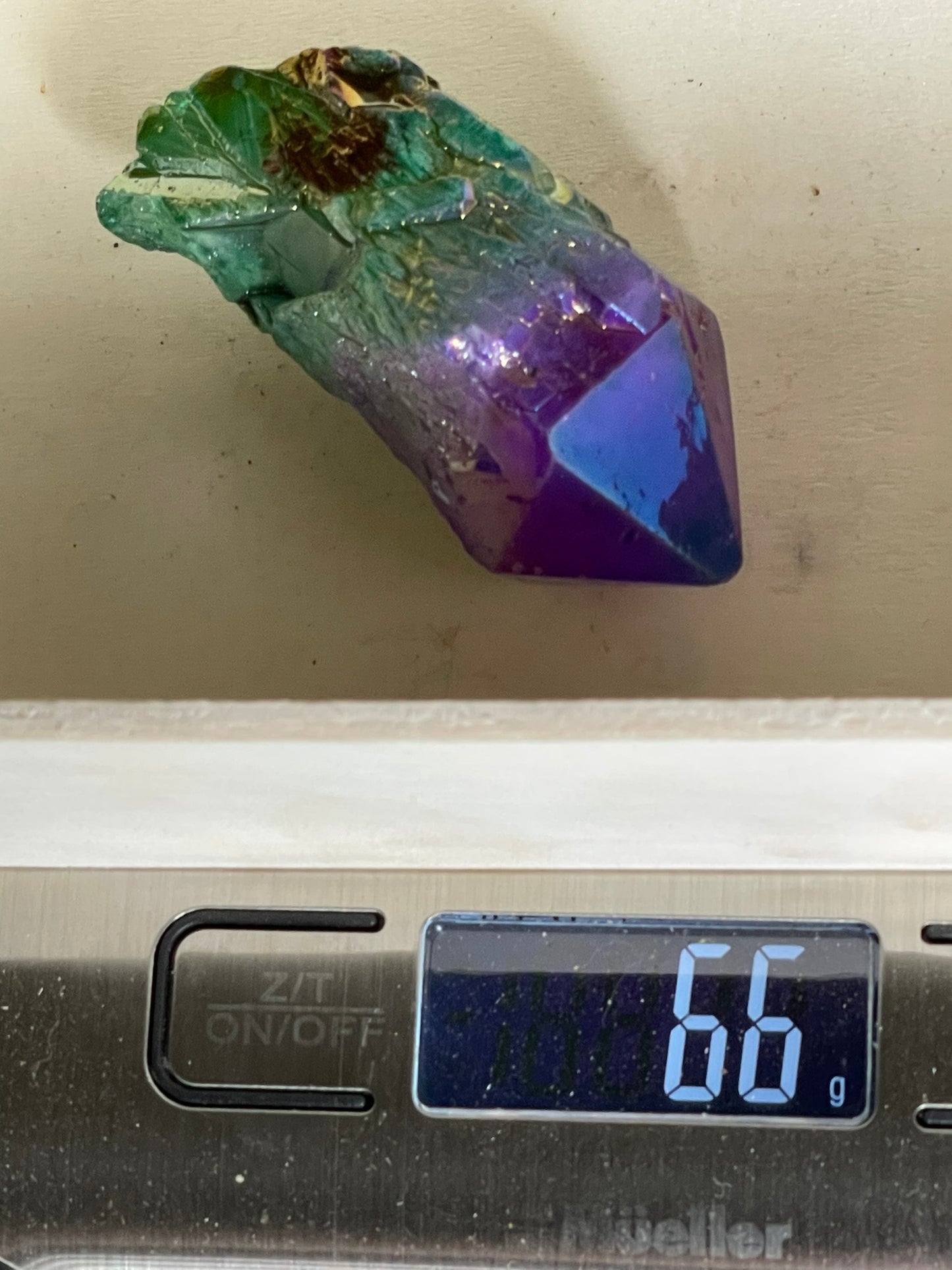 Aura Titanium Plated Natural Quartz Crystal Point Rainbow Purple Green - 327.45Ct