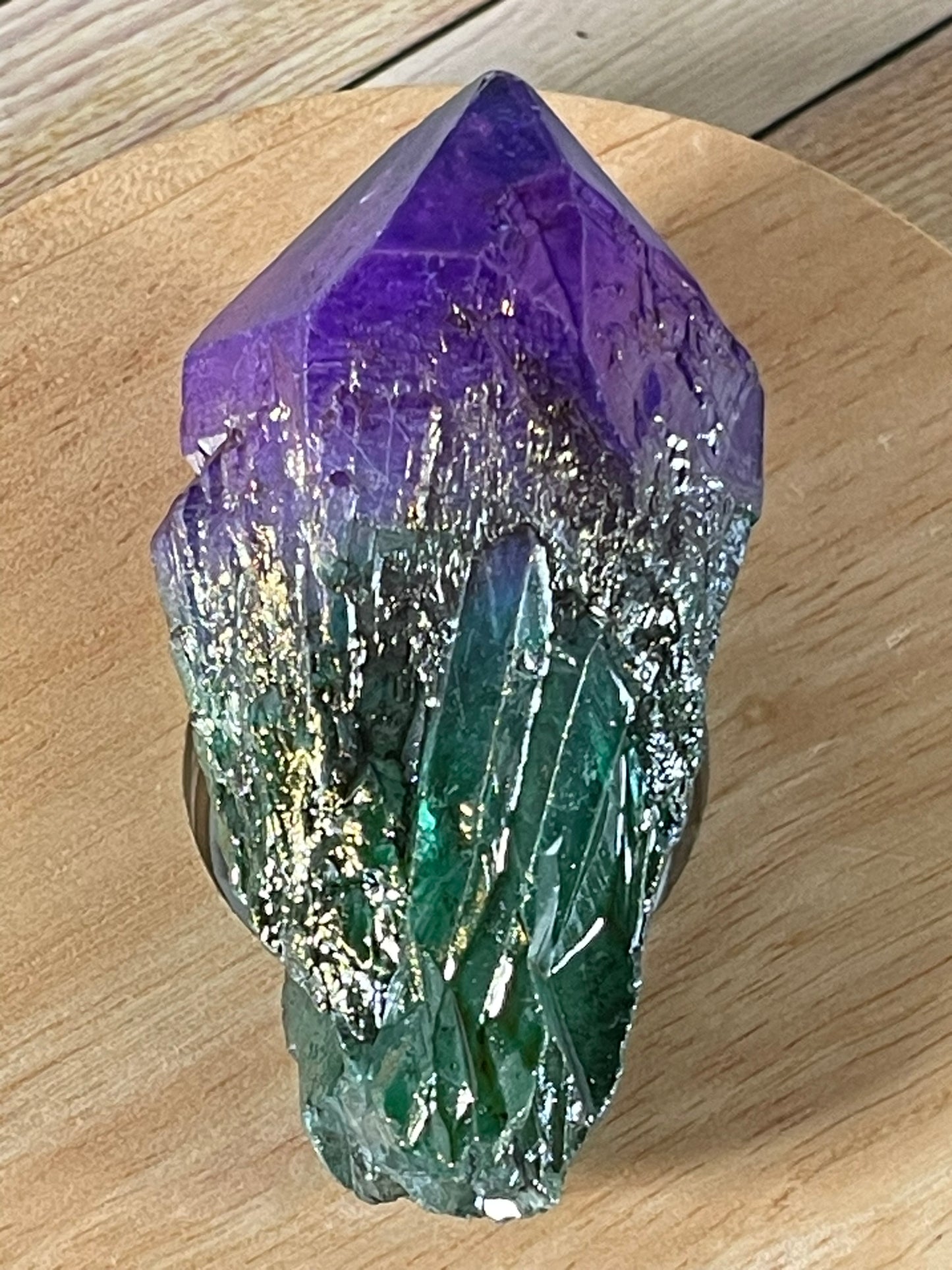 Aura Titanium Plated Natural Quartz Crystal Point Rainbow Purple Green - 329.40Ct