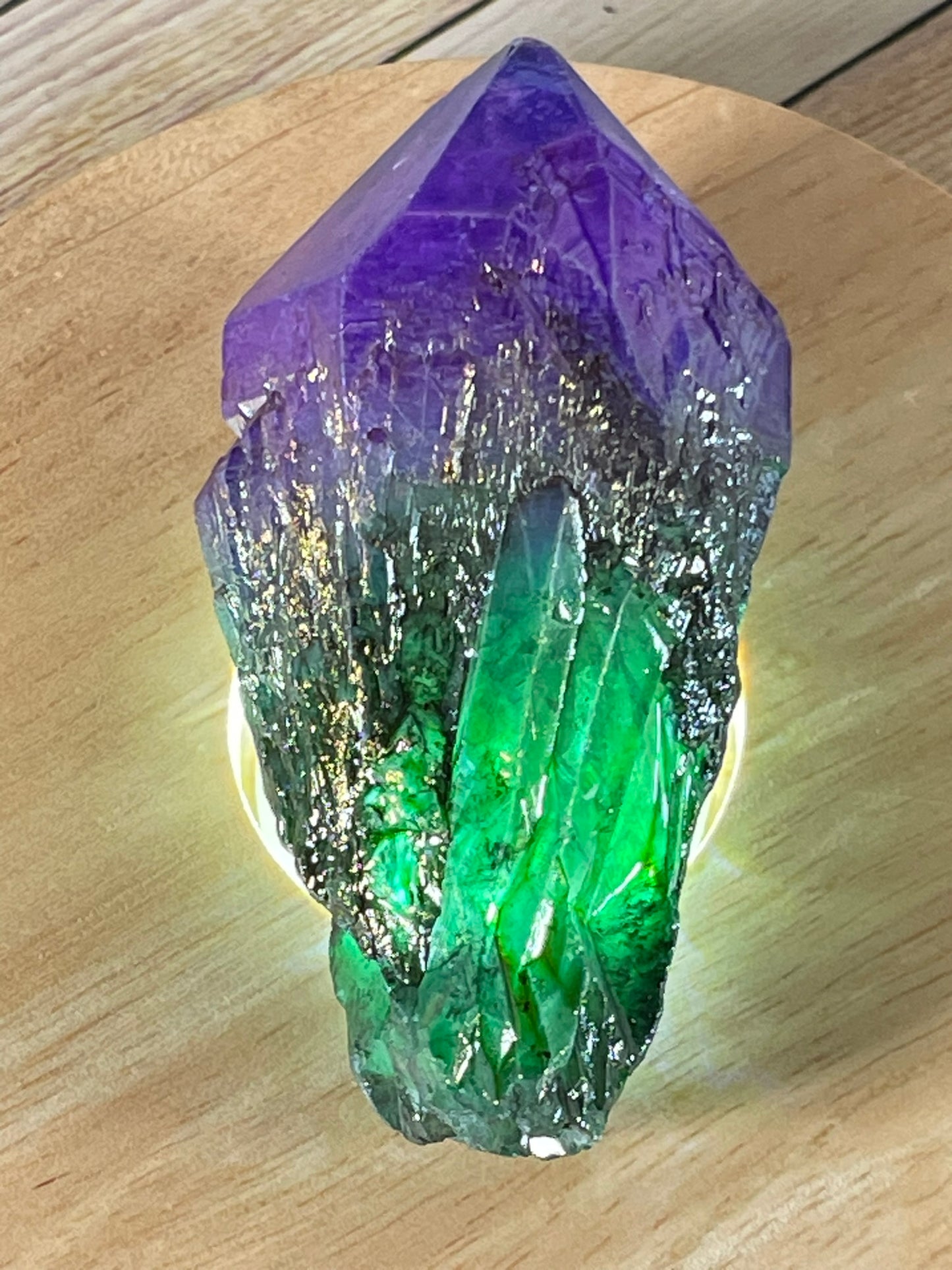 Aura Titanium Plated Natural Quartz Crystal Point Rainbow Purple Green - 329.40Ct