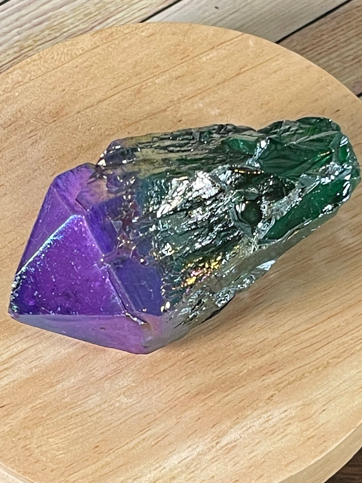 Aura Titanium Plated Natural Quartz Crystal Point Rainbow Purple Green - 329.40Ct