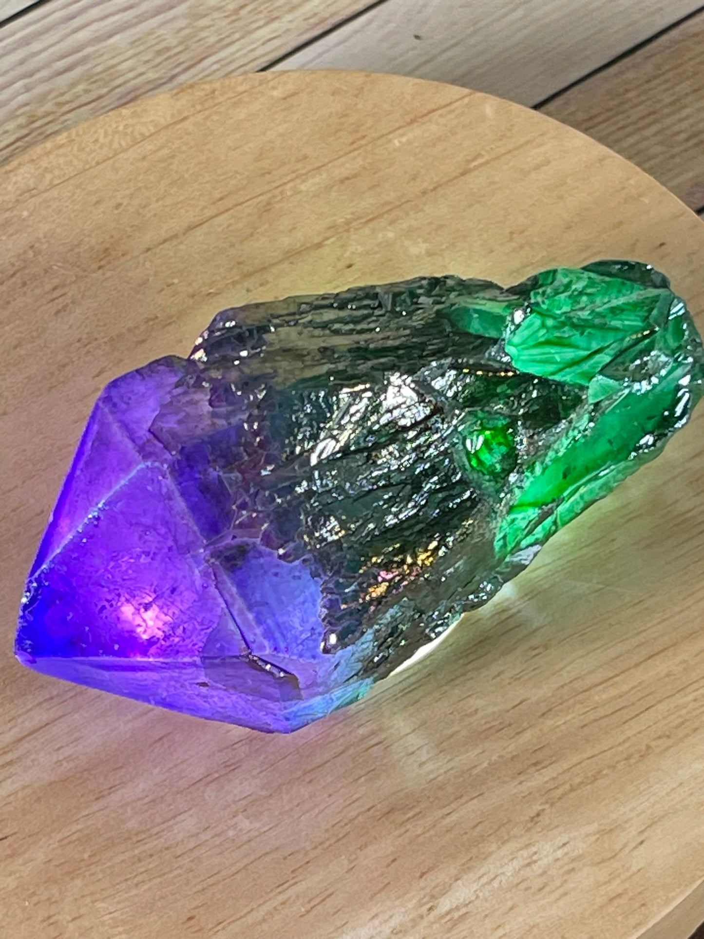 Aura Titanium Plated Natural Quartz Crystal Point Rainbow Purple Green - 329.40Ct