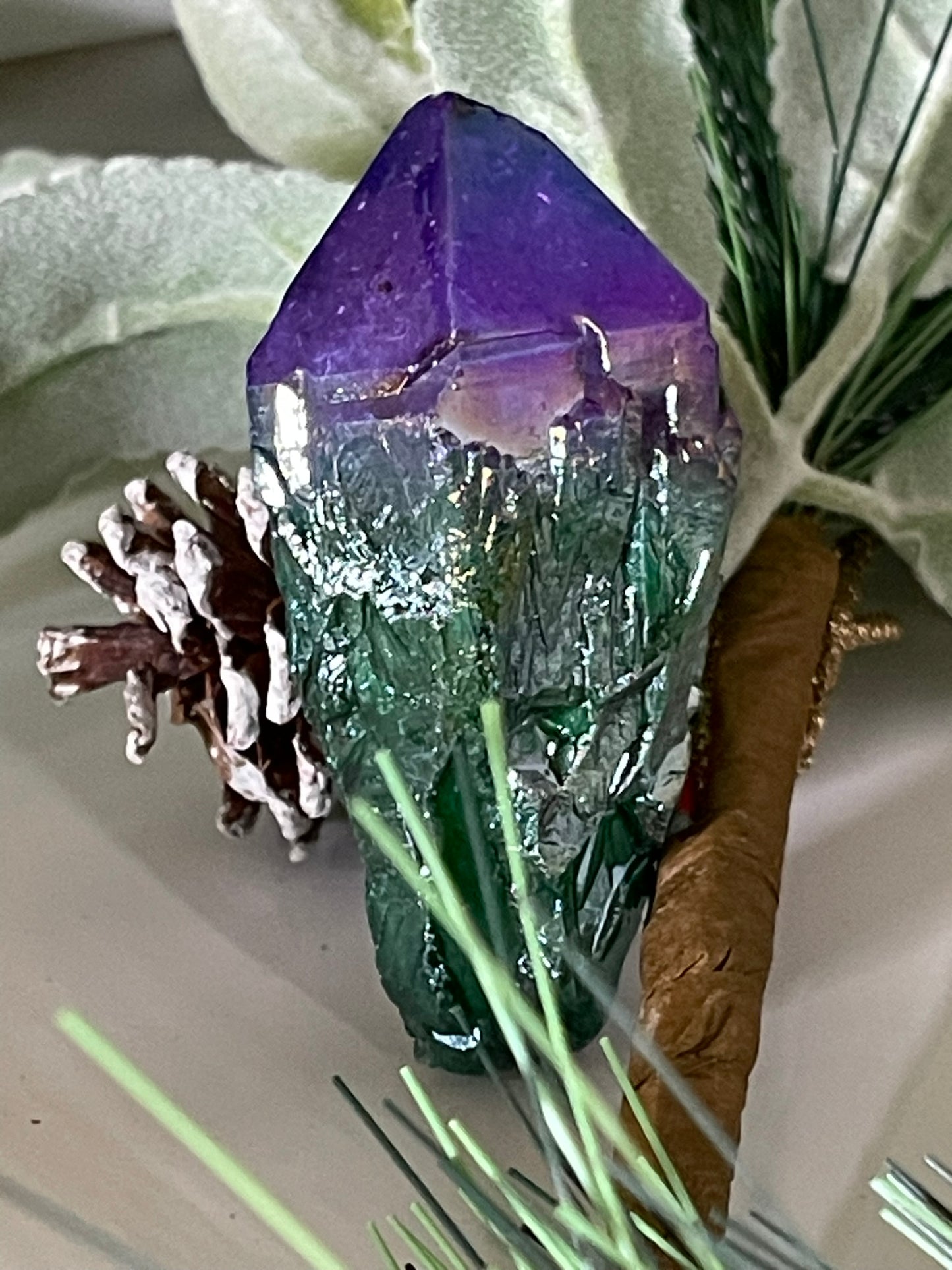 Aura Titanium Plated Natural Quartz Crystal Point Rainbow Purple Green - 329.40Ct