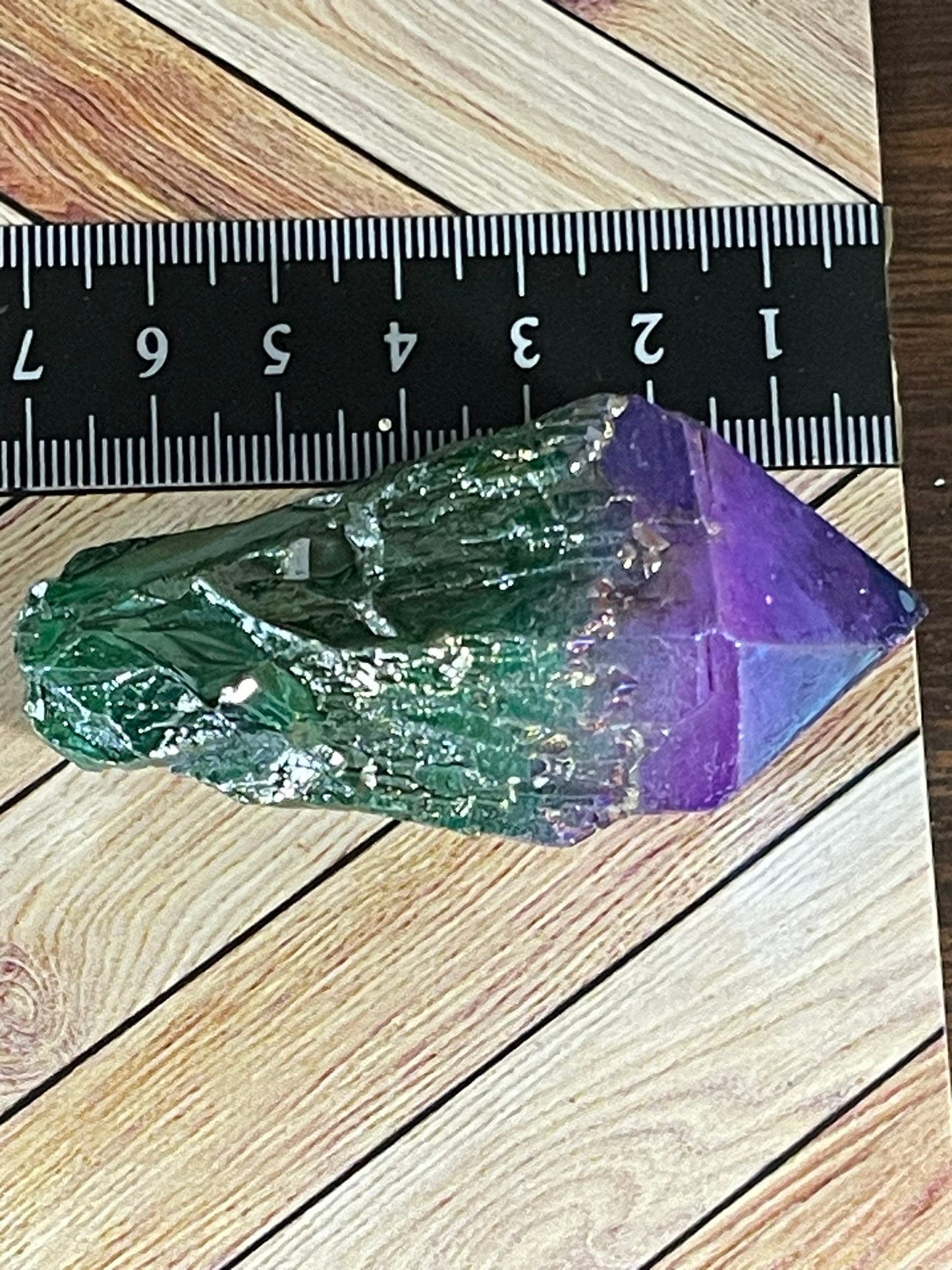 Aura Titanium Plated Natural Quartz Crystal Point Rainbow Purple Green - 329.40Ct