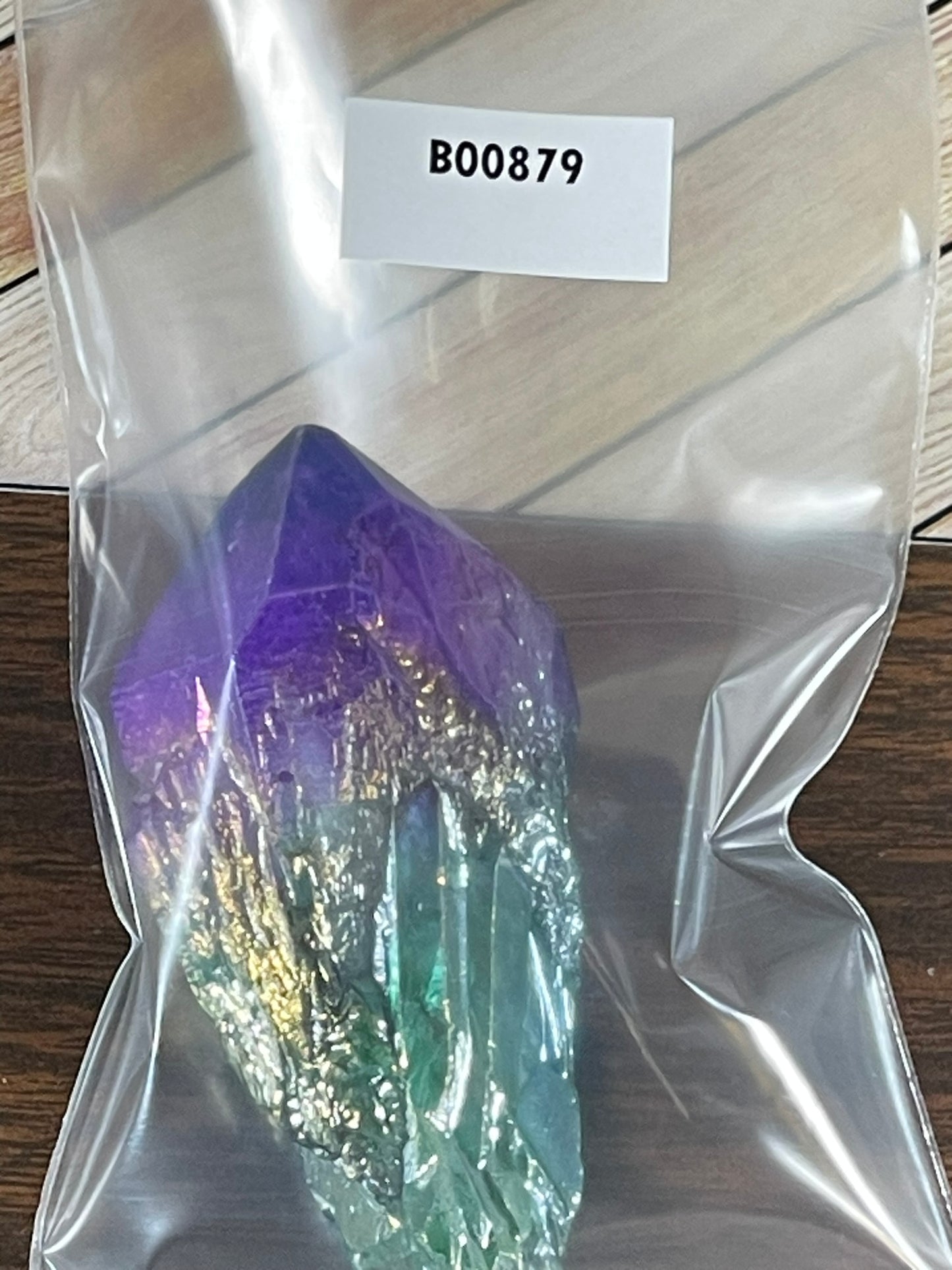 Aura Titanium Plated Natural Quartz Crystal Point Rainbow Purple Green - 329.40Ct