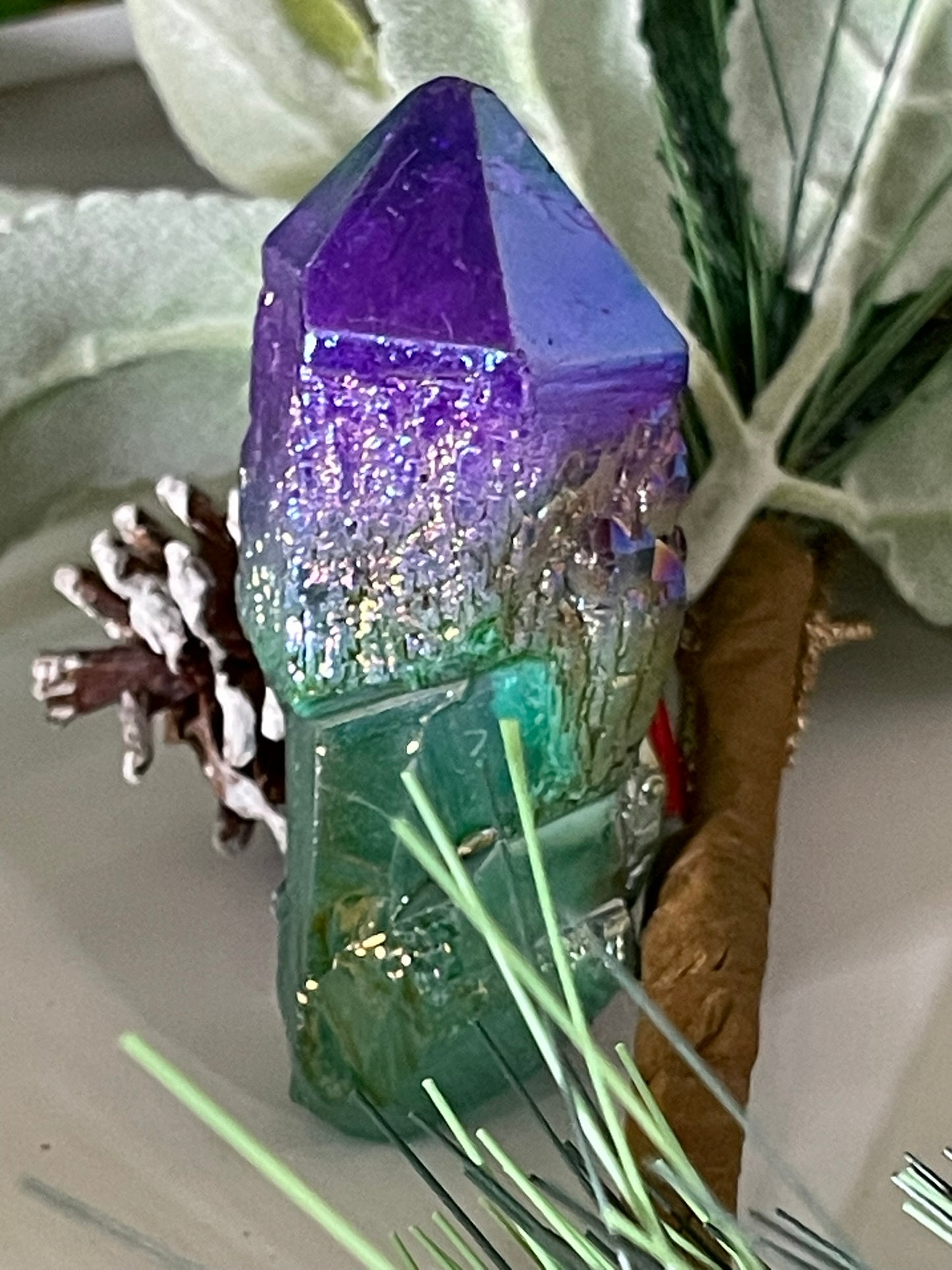 Aura Titanium Plated Natural Quartz Crystal Point Rainbow Purple Green - 460.70Ct