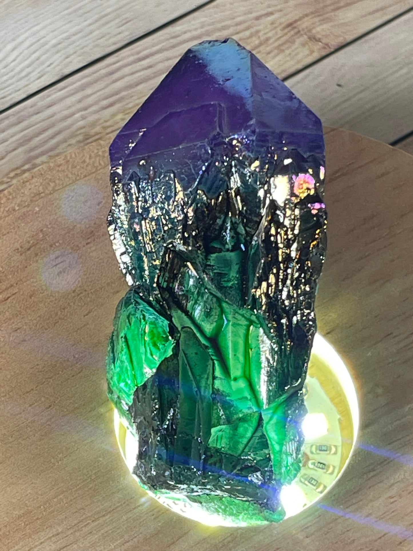 Aura Titanium Plated Natural Quartz Crystal Point Rainbow Purple Green - 346.75Ct