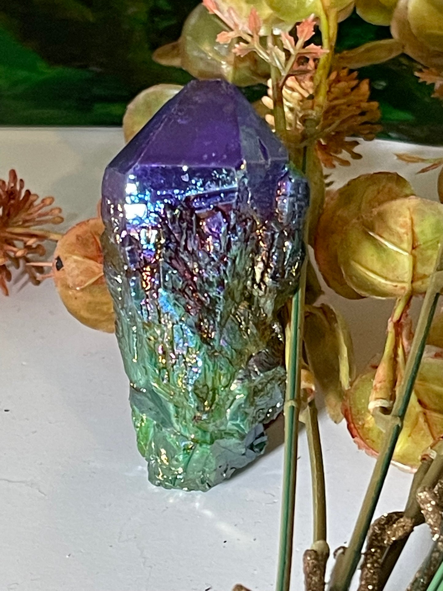 Aura Titanium Plated Natural Quartz Crystal Point Rainbow Purple Green - 346.75Ct