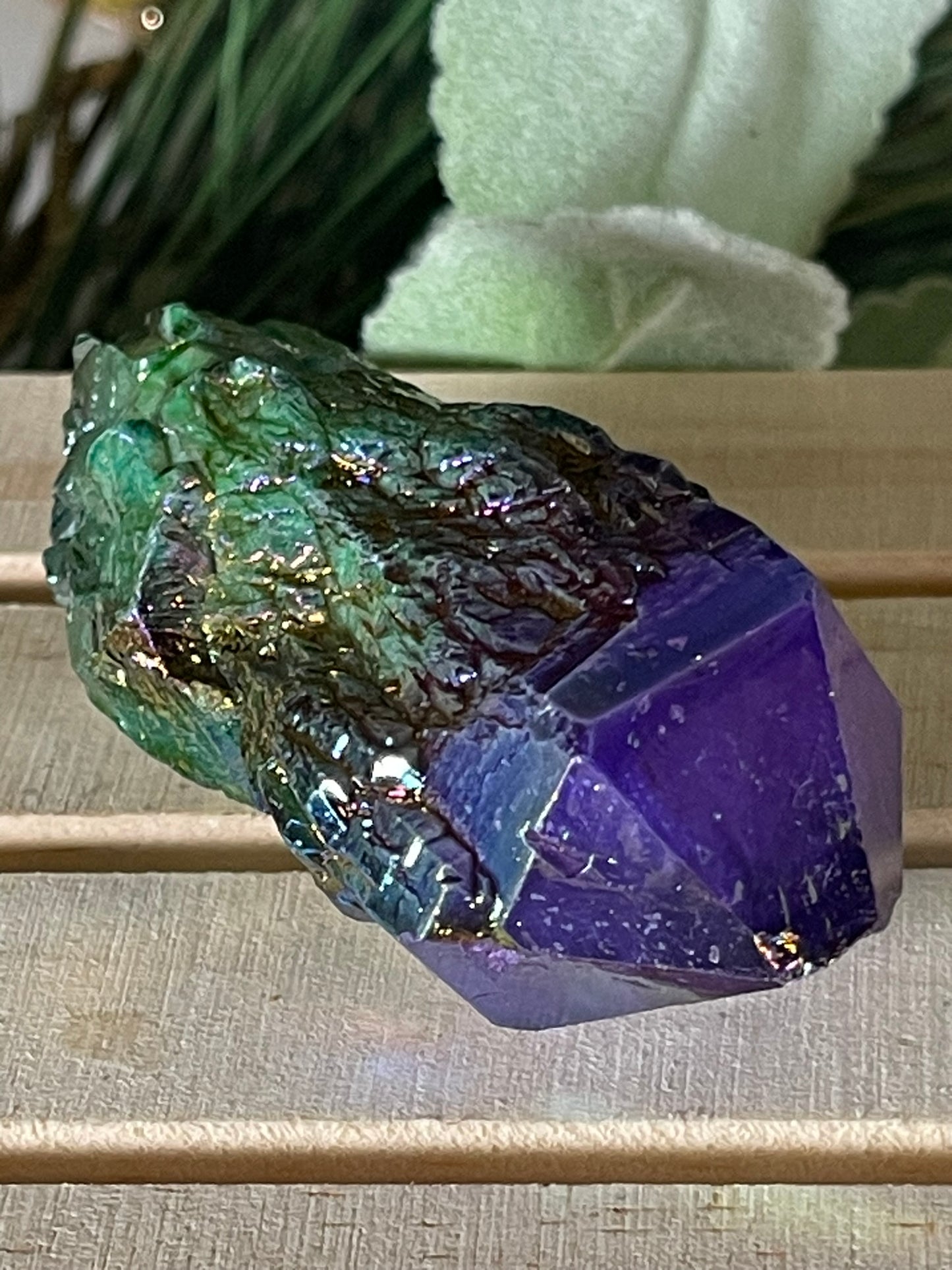 Aura Titanium Plated Natural Quartz Crystal Point Rainbow Purple Green - 346.75Ct