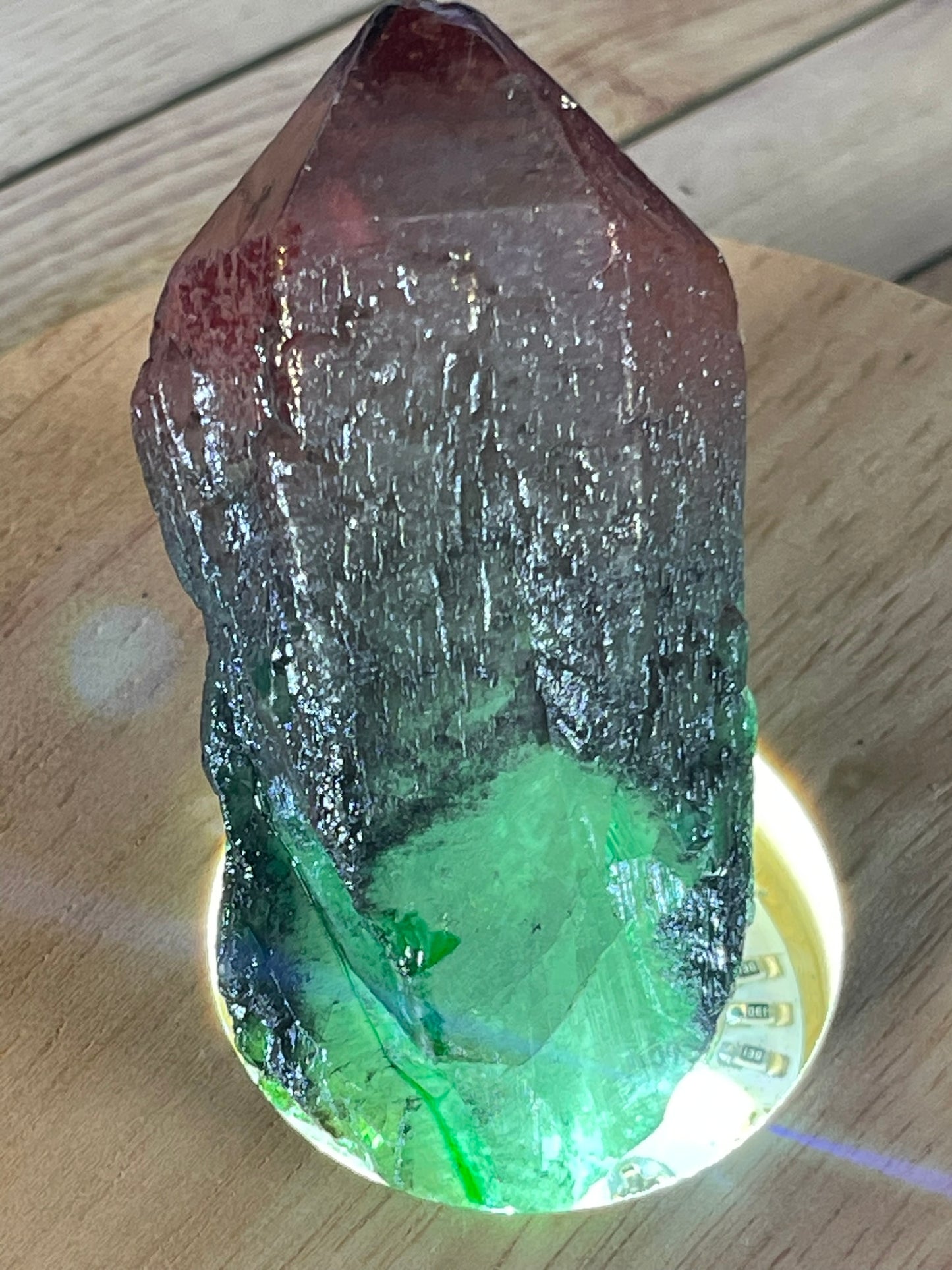 Aura Titanium Plated Natural Quartz Crystal Point Rainbow Red Green - 315.70Ct