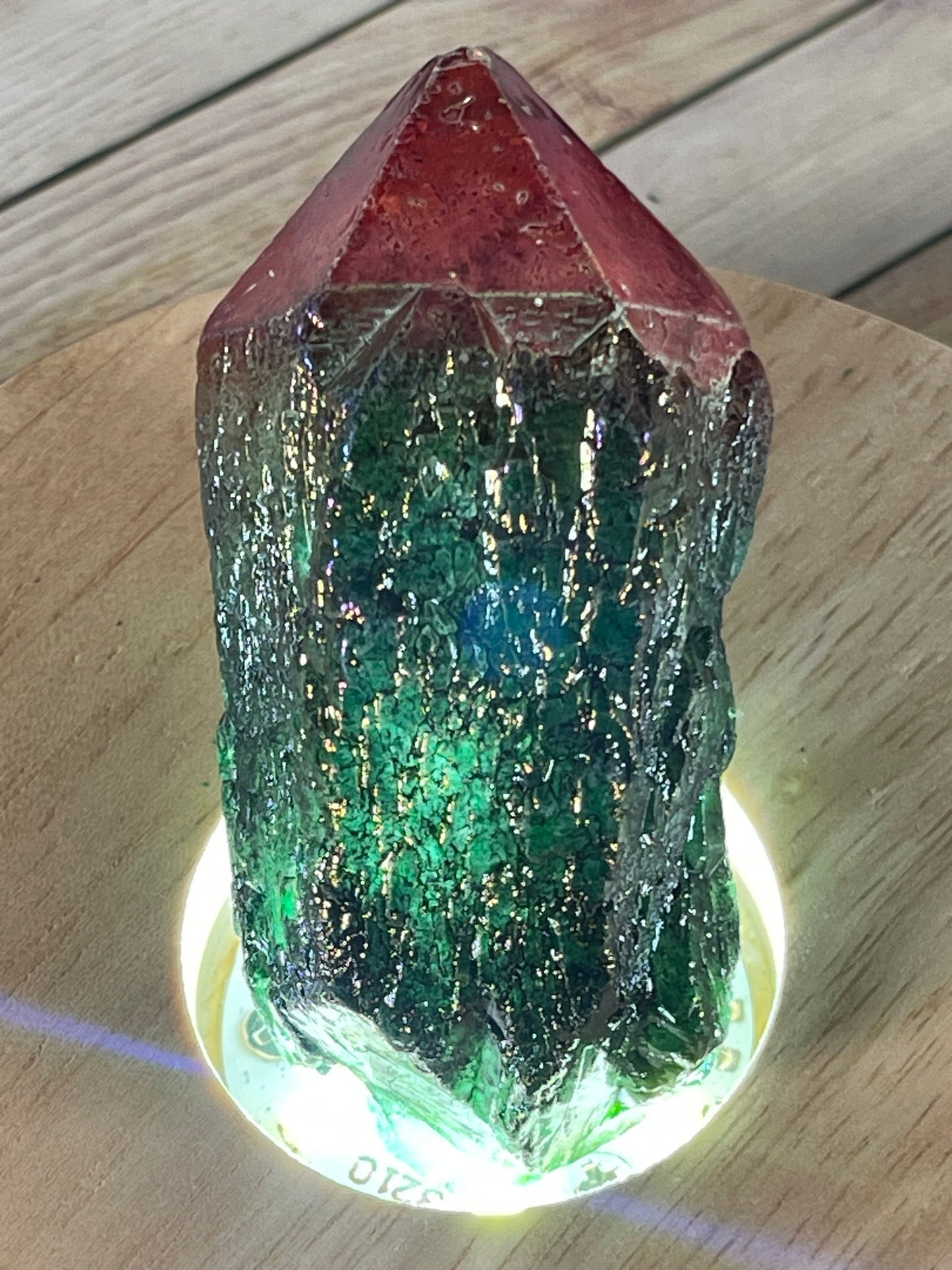 Aura Titanium Plated Natural Quartz Crystal Point Rainbow Red Green - 315.70Ct