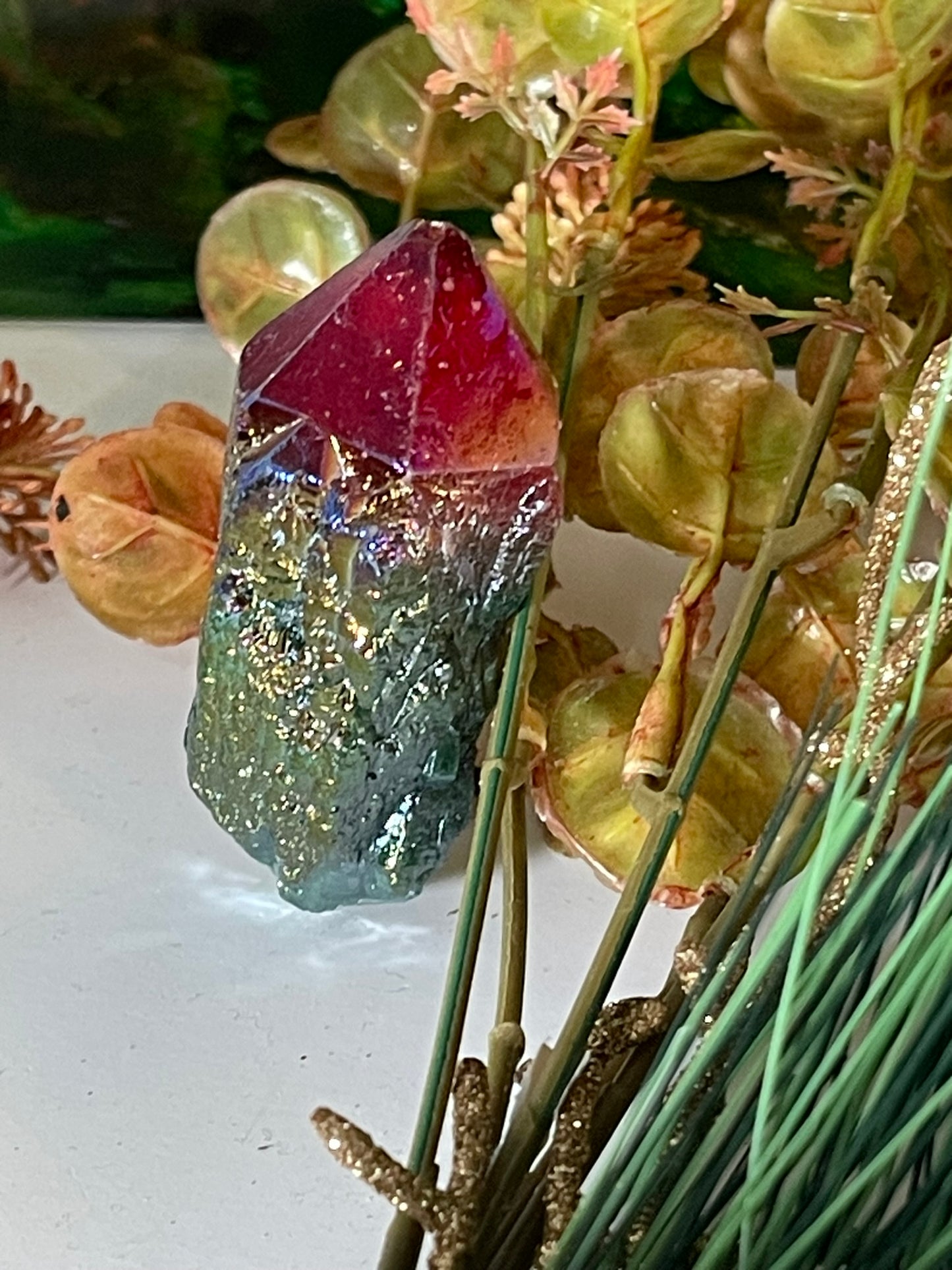 Aura Titanium Plated Natural Quartz Crystal Point Rainbow Red Green - 315.70Ct