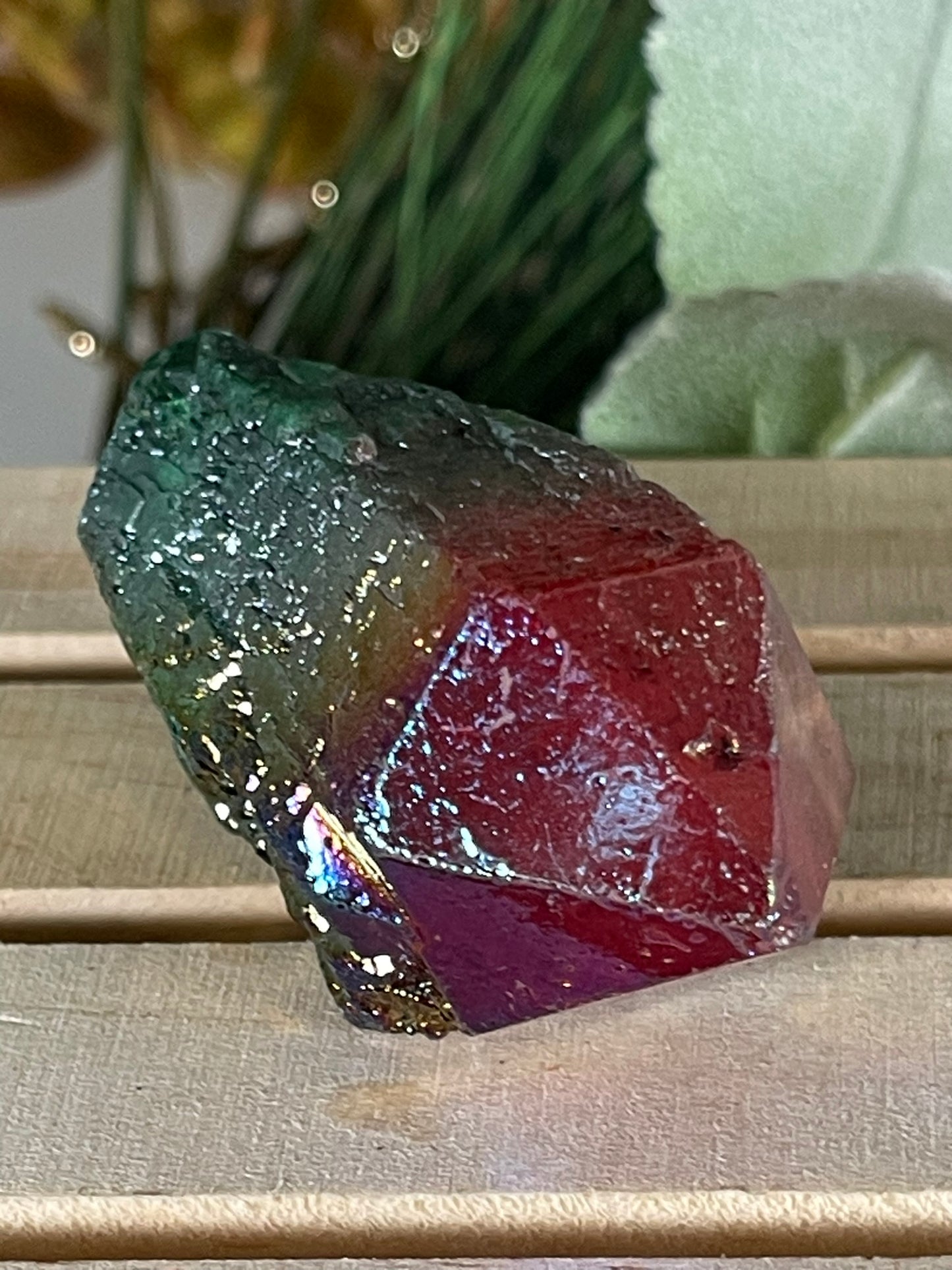 Aura Titanium Plated Natural Quartz Crystal Point Rainbow Red Green - 315.70Ct