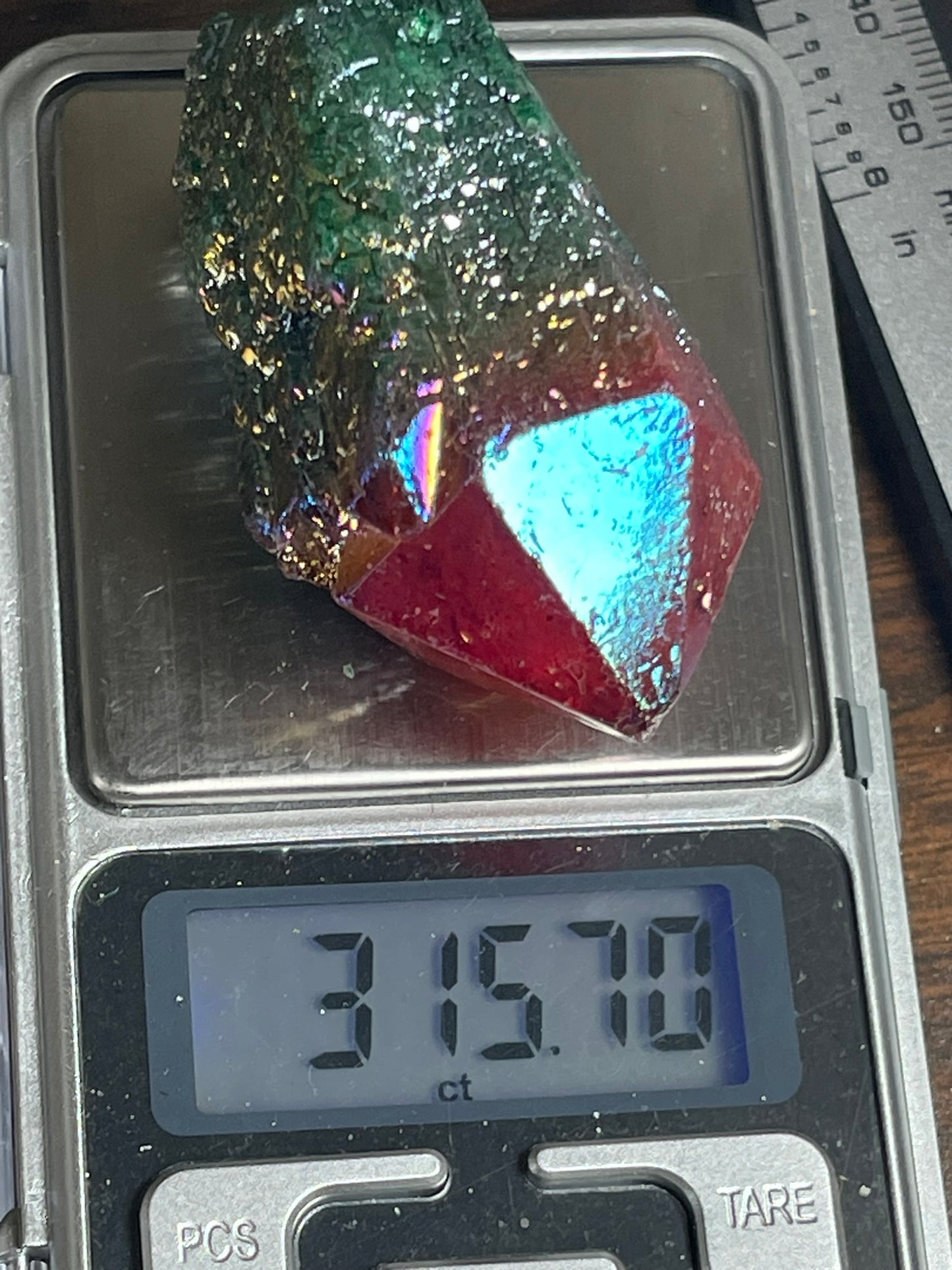 Aura Titanium Plated Natural Quartz Crystal Point Rainbow Red Green - 315.70Ct