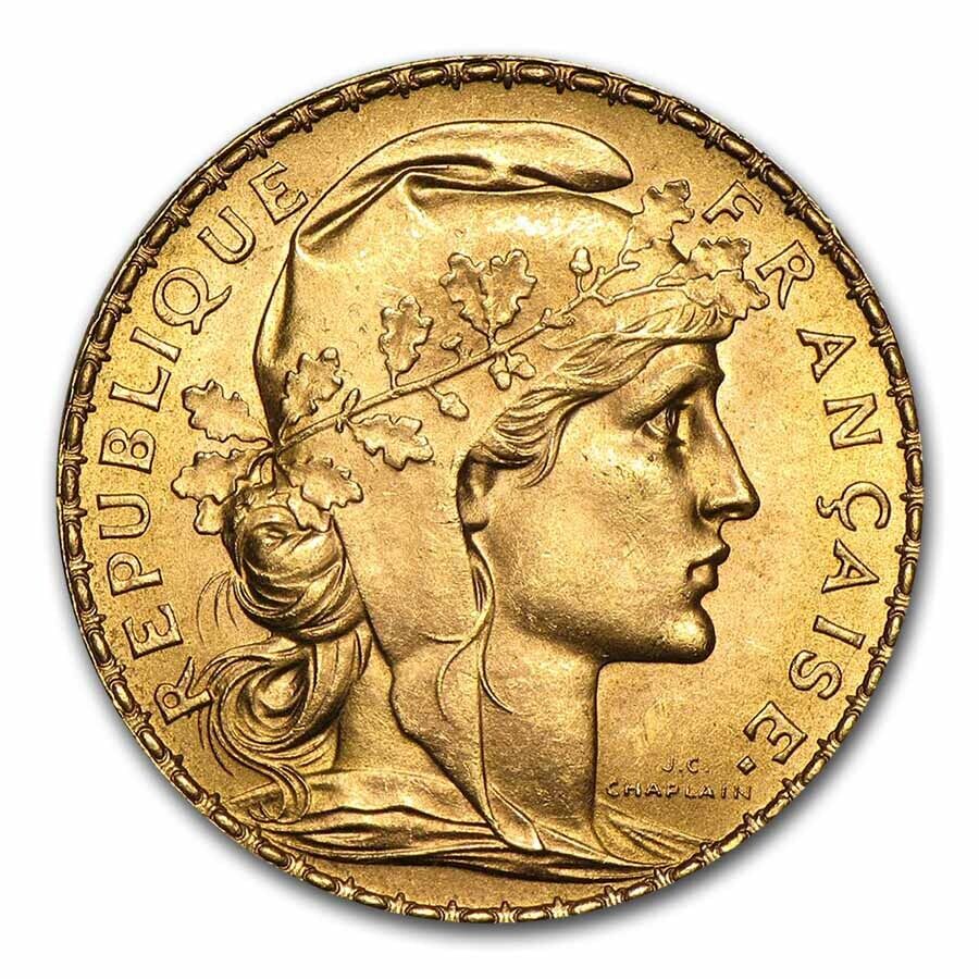 France Gold 20 Francs French Rooster Coin (1899-1914) AU